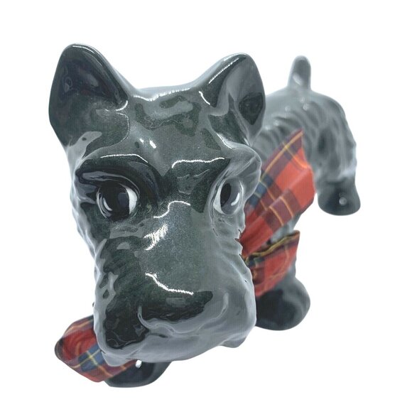 Scottish Terrier Statue Figurine Red & Black Bow Signed Black Handmade - Picture 1 of 7